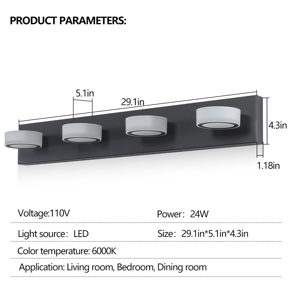 LED Modern Black 4-Light Vanity Lights Fixtures Over Mirror