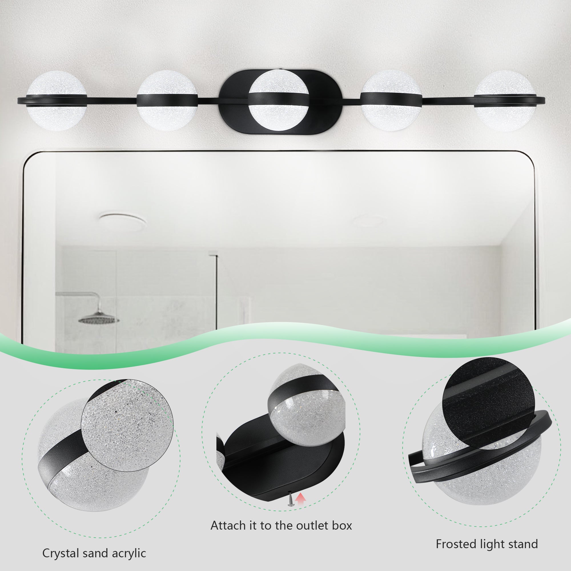 Modern Minimalist Bathroom Vanity Light, LED 5 Bulb Frosted Glass Shades(Black)