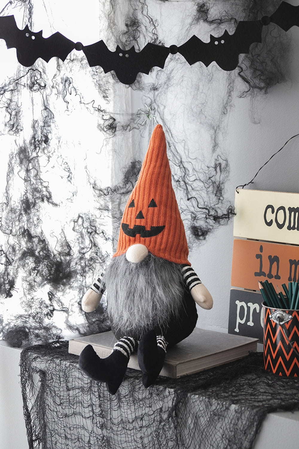 Fabric Sitting Gnome with Orange Knit Hat, for Halloween Decor