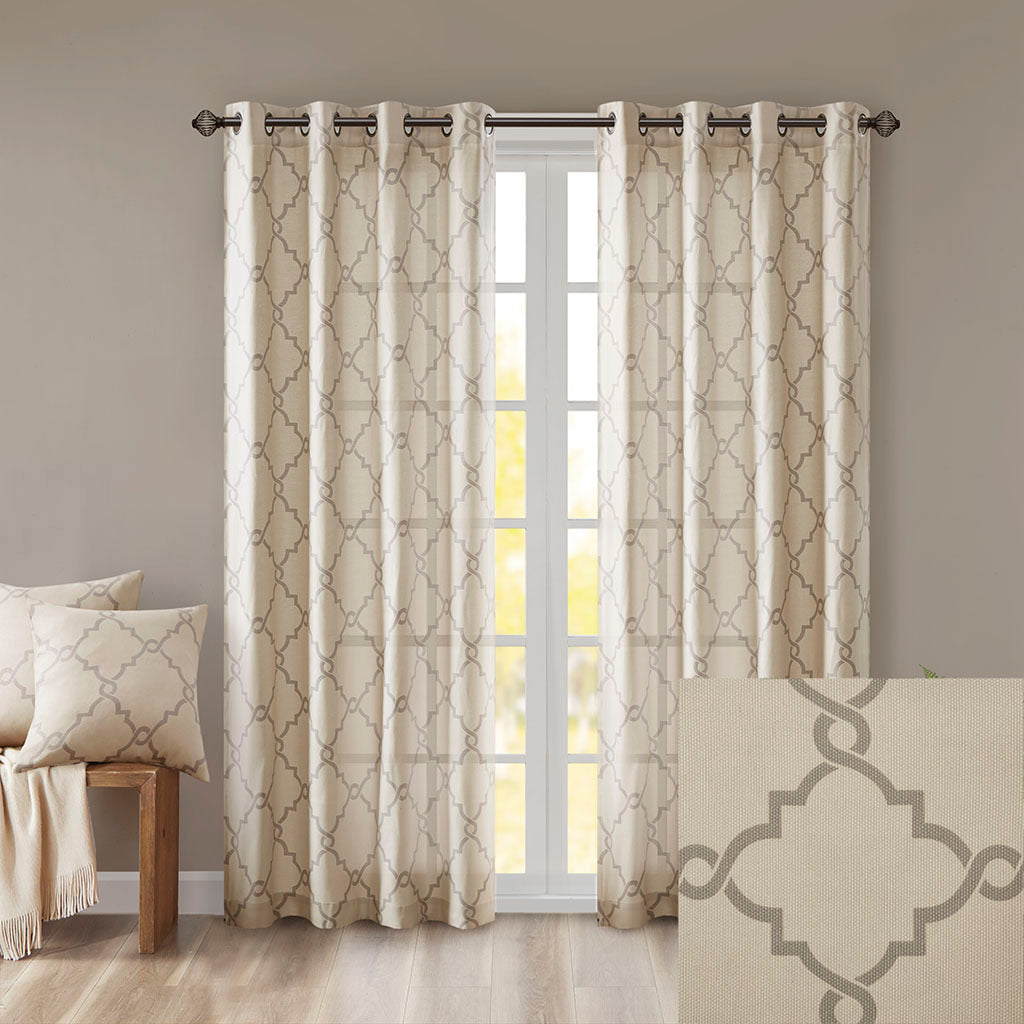 Fretwork Print Grommet Top Window Curtain Panel(Only 1 Pc Panel Beige+Grey)